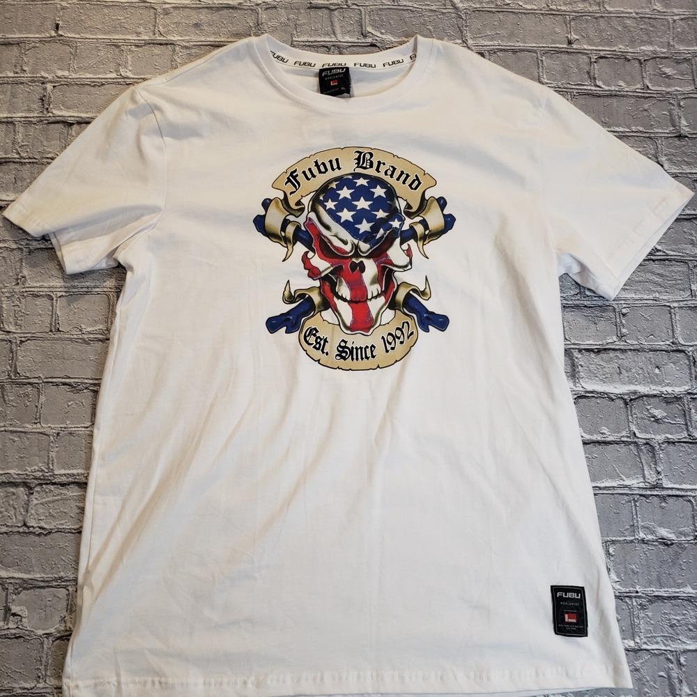 FUBU Brand Mens White American Flag Skull Graphic T-Shirt XL FBT01A-3546-59975